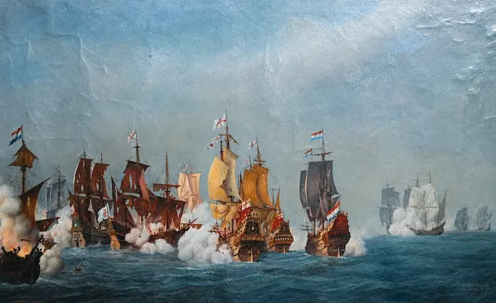 An artistic depiction of Iranian forces defeating the Portuguese and restoring control over Hormuz Island in 1622