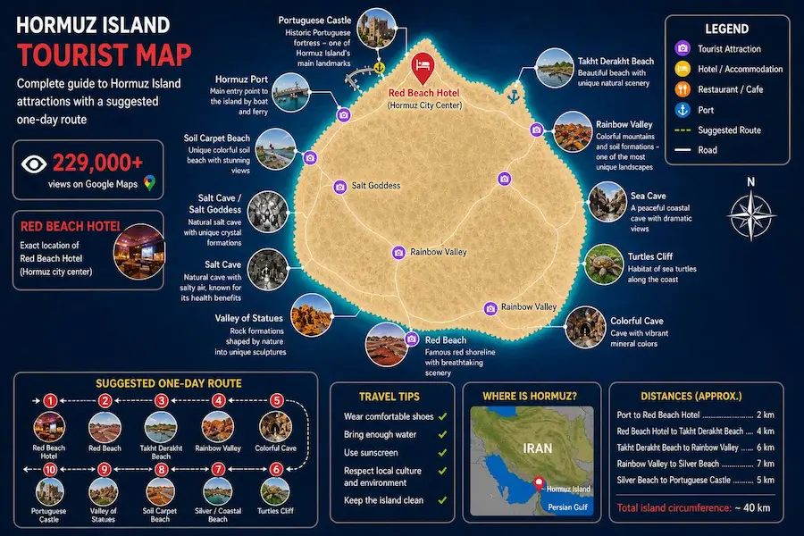 Hormuz Island travel map with attractions and route guide