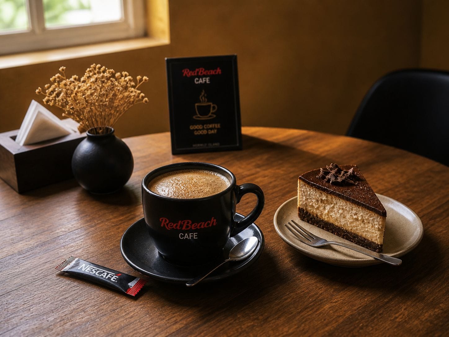 Red Beach Cafe Hormuz coffee dessert cake and nescafe table